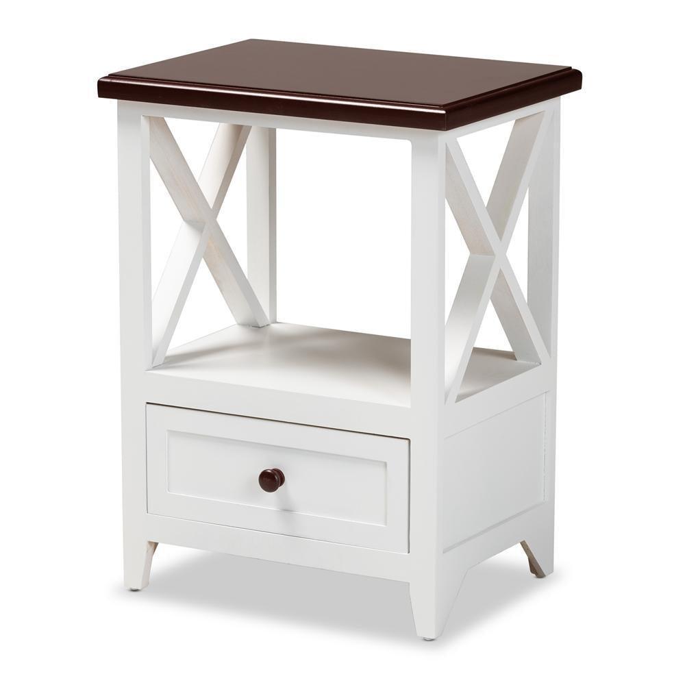 Vesta Modern and Contemporary Two-Tone White and Dark Brown Finished Wood 1-Drawer End table FredCo