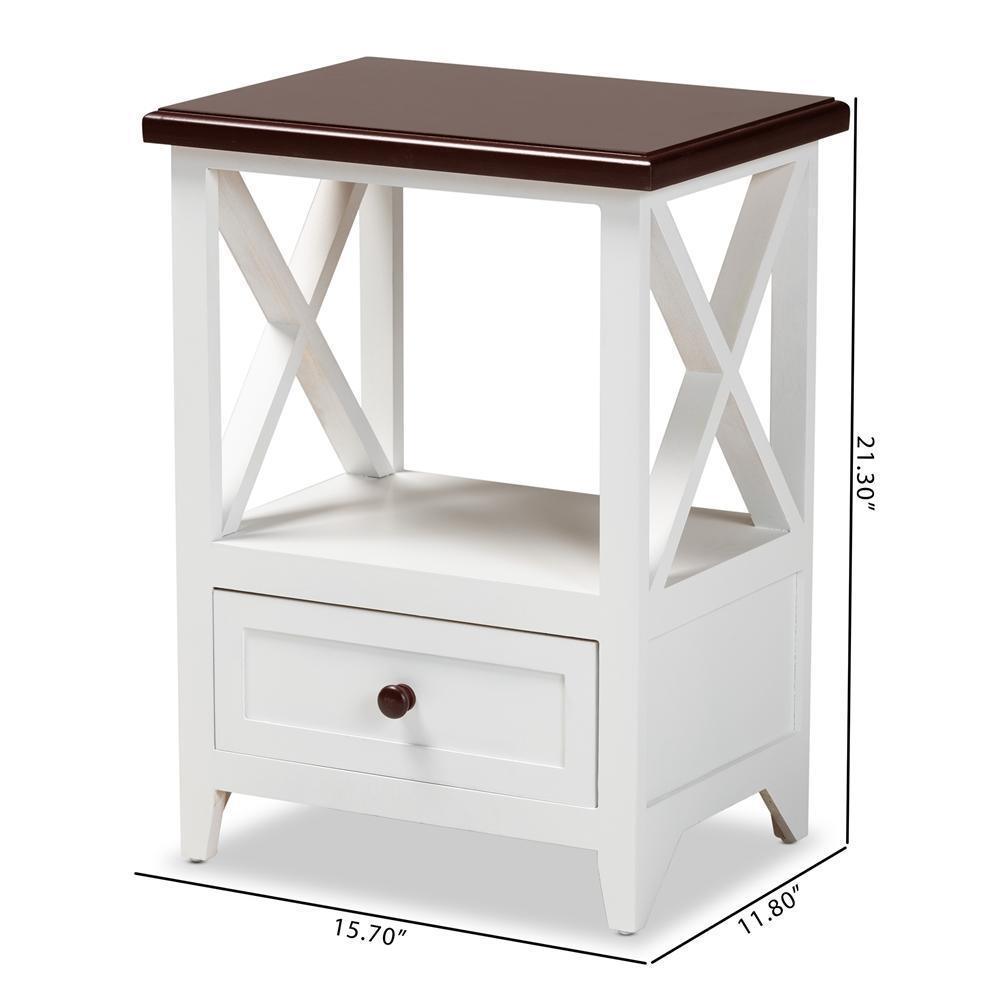 Vesta Modern and Contemporary Two-Tone White and Dark Brown Finished Wood 1-Drawer End table FredCo
