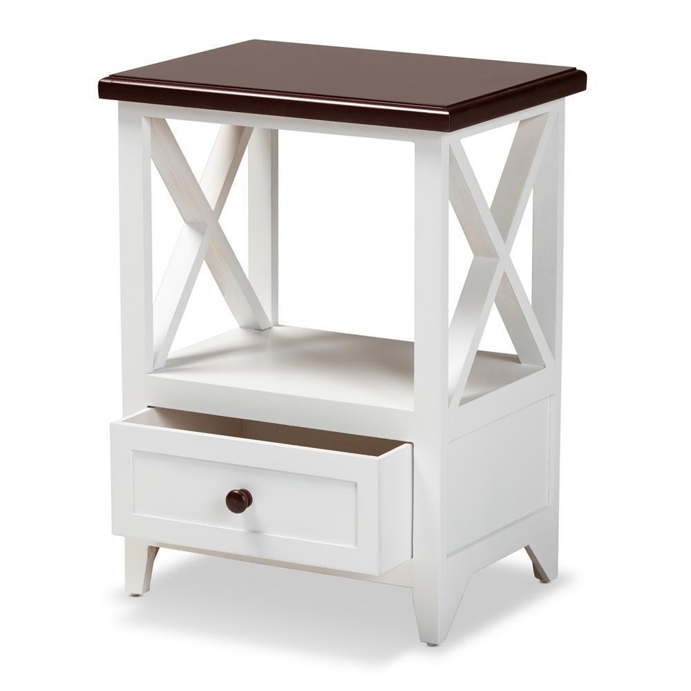 Vesta Modern and Contemporary Two-Tone White and Dark Brown Finished Wood 1-Drawer End table FredCo