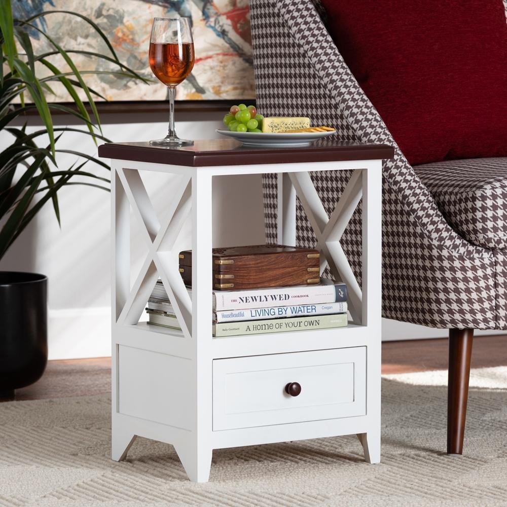 Vesta Modern and Contemporary Two-Tone White and Dark Brown Finished Wood 1-Drawer End table FredCo