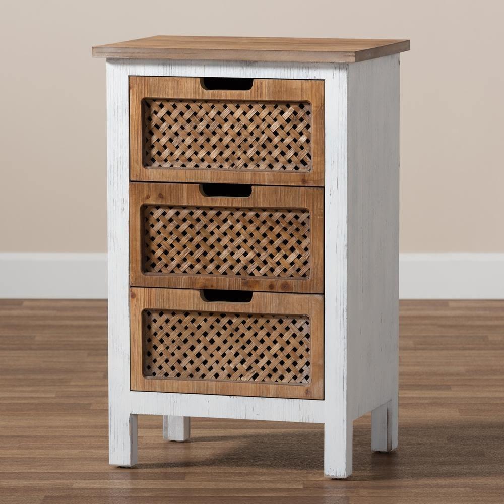 Vincent Rustic Farmhouse and Shabby Chic White and Oak Brown Finished 3-Drawer Wood Storage Cabinet FredCo