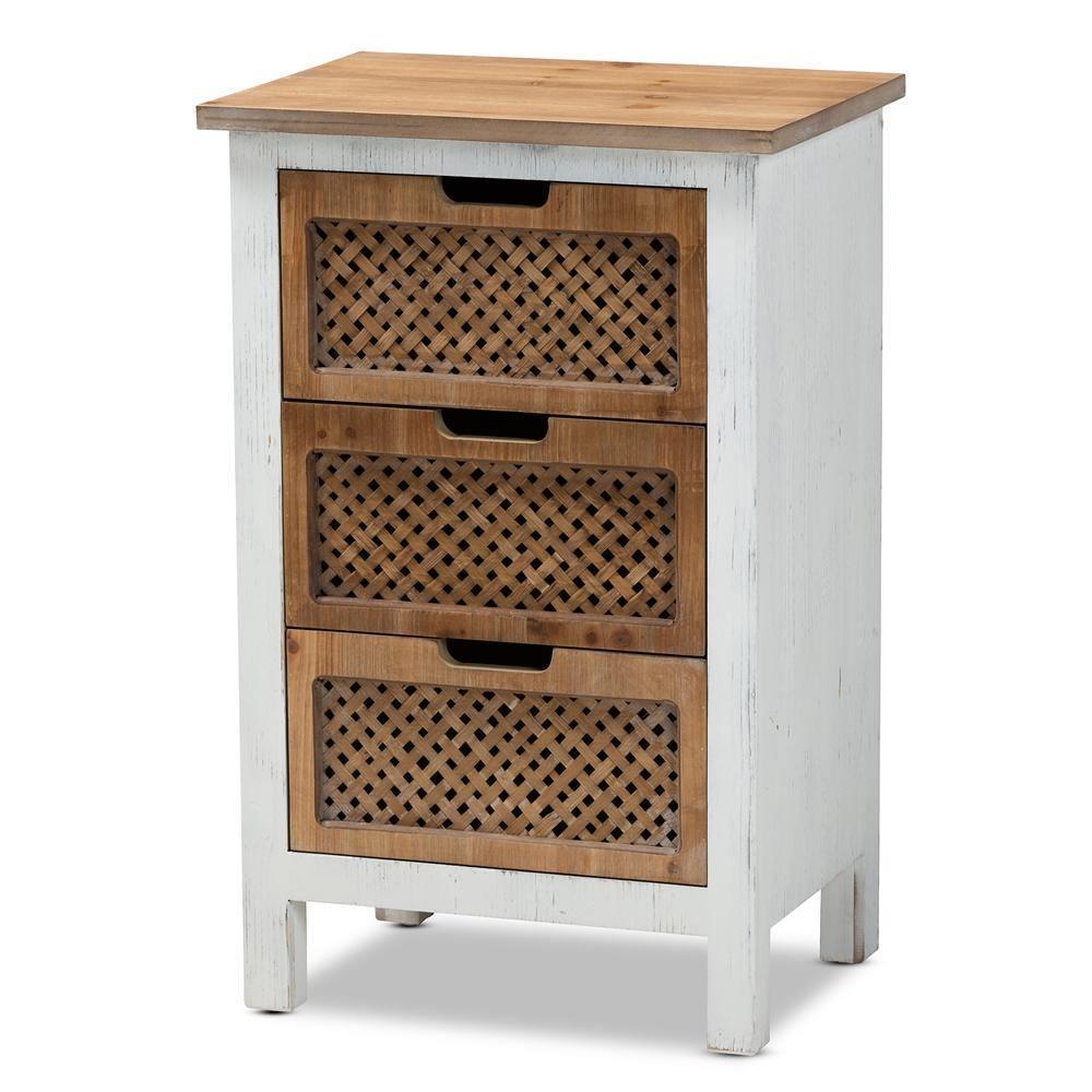 Vincent Rustic Farmhouse and Shabby Chic White and Oak Brown Finished 3-Drawer Wood Storage Cabinet FredCo