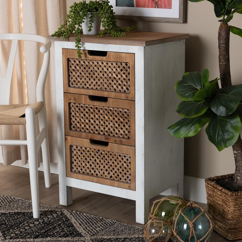 Vincent Rustic Farmhouse and Shabby Chic White and Oak Brown Finished 3-Drawer Wood Storage Cabinet FredCo