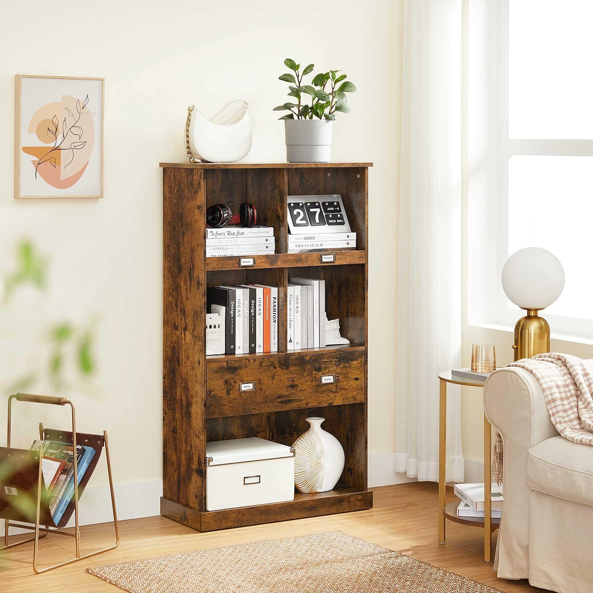 Vintage Brown Floor-Standing Wooden Bookcase with Drawers FredCo