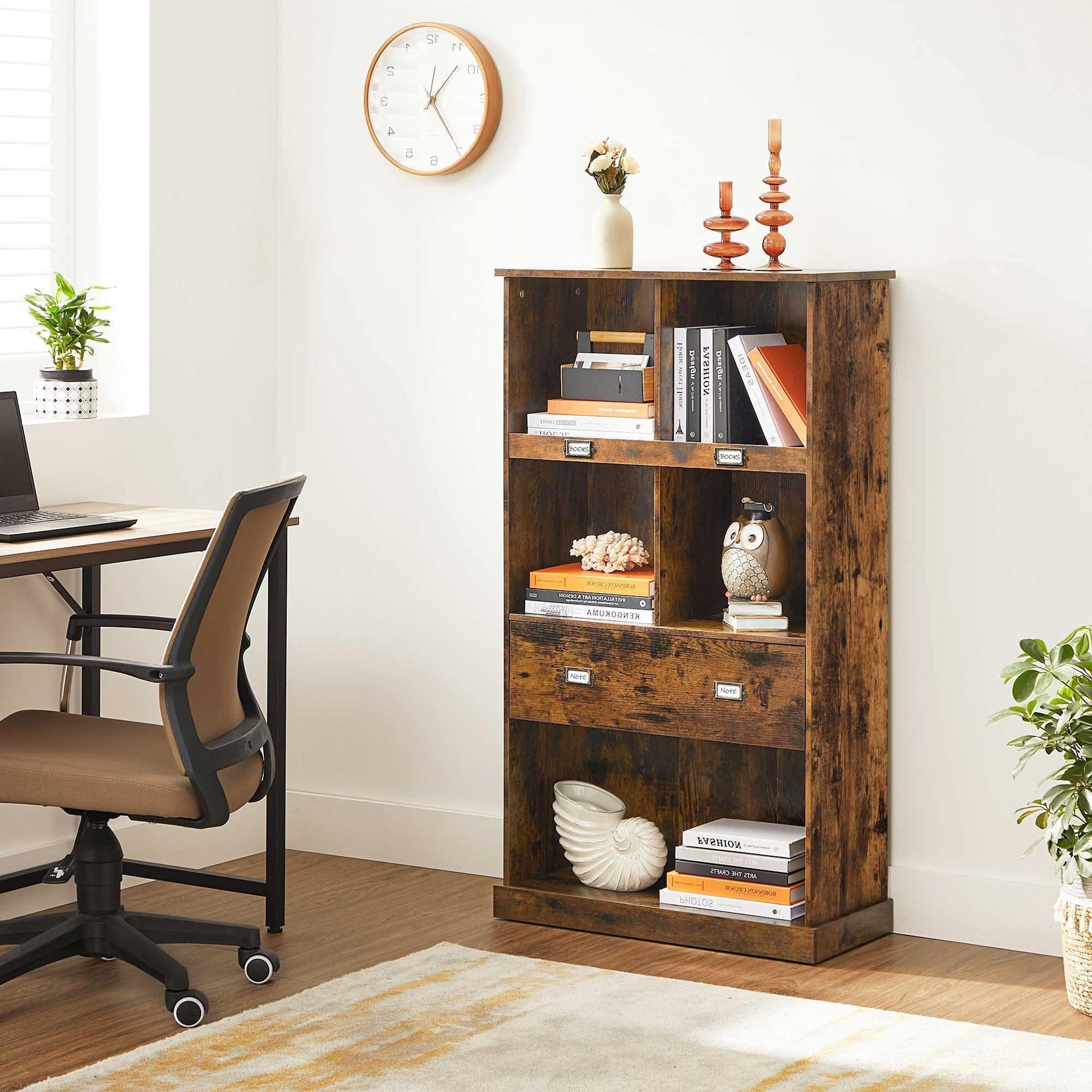 Vintage Brown Floor-Standing Wooden Bookcase with Drawers FredCo