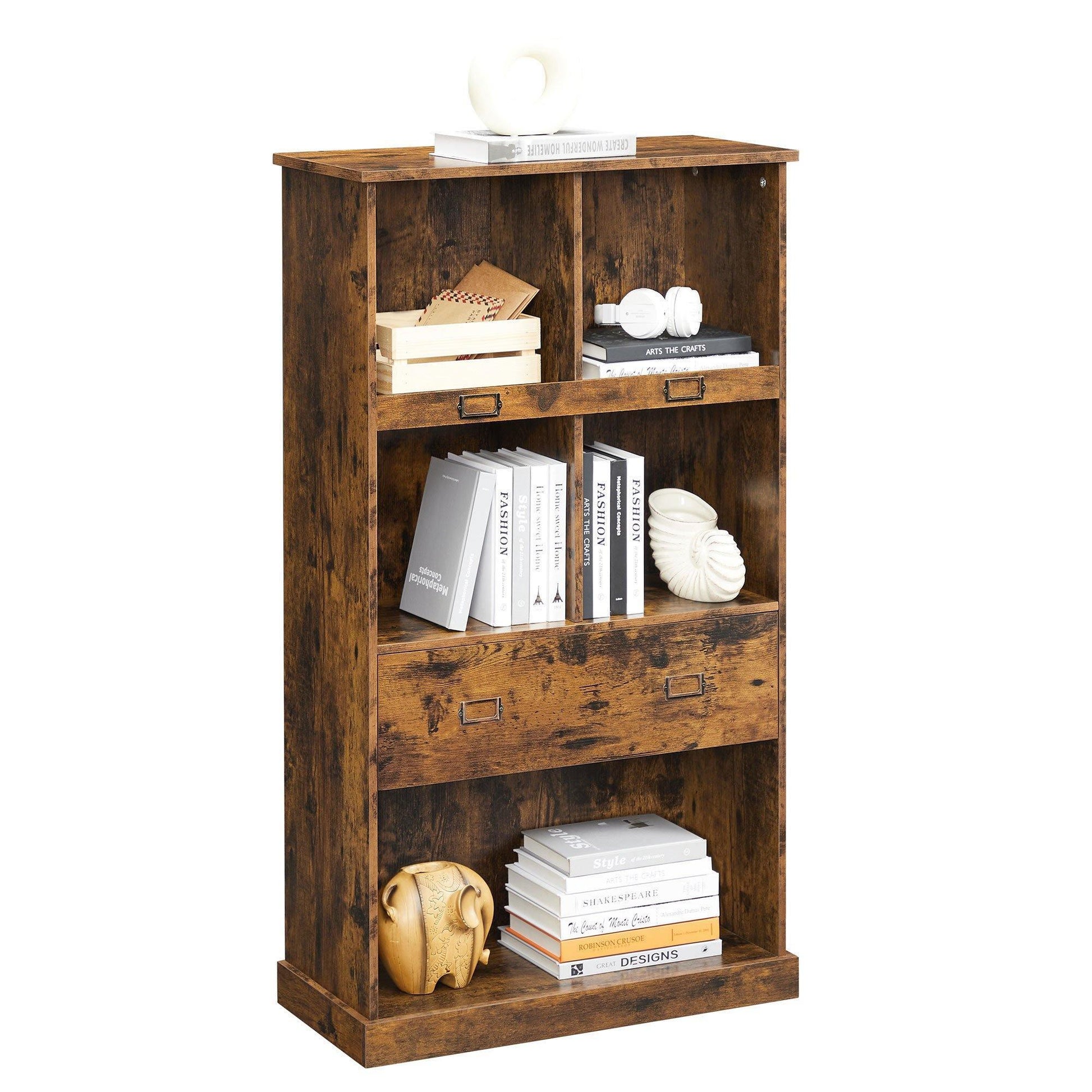 Vintage Brown Floor-Standing Wooden Bookcase with Drawers FredCo