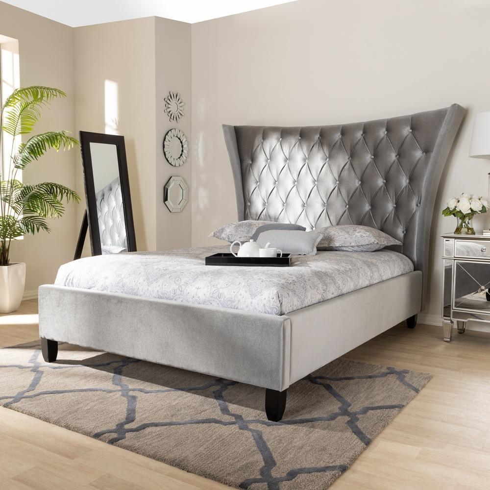 Viola Glam and Luxe Grey Velvet Fabric Upholstered and Button Tufted King Size Platform Bed with Tall Wingback Headboard FredCo