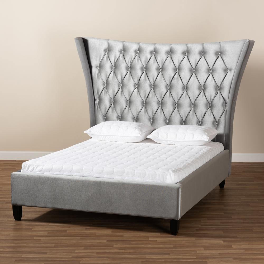 Viola Glam and Luxe Grey Velvet Fabric Upholstered and Button Tufted King Size Platform Bed with Tall Wingback Headboard FredCo