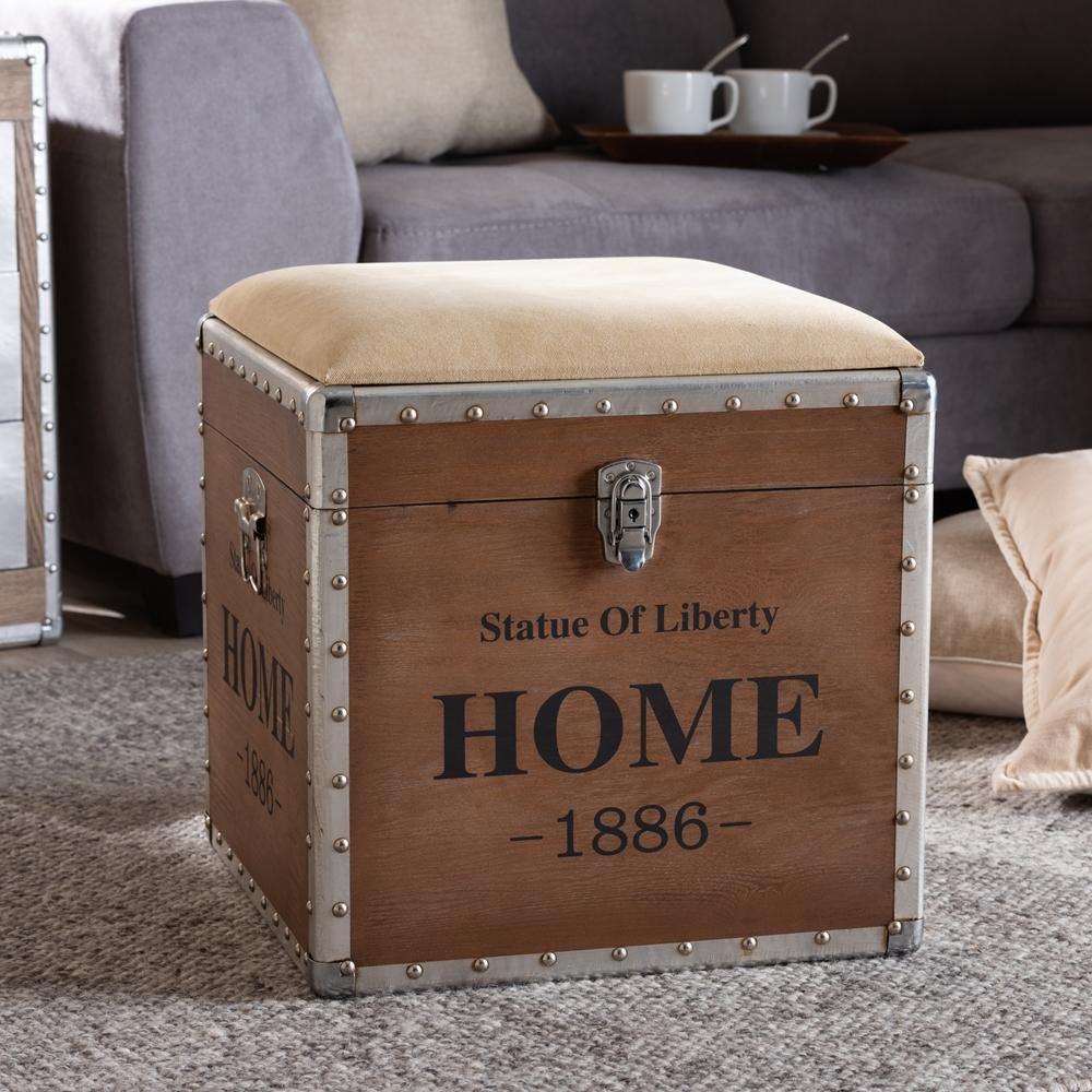 Violetta Vintage Industrial Beige Fabric Upholstered Wood Storage Trunk Ottoman FredCo