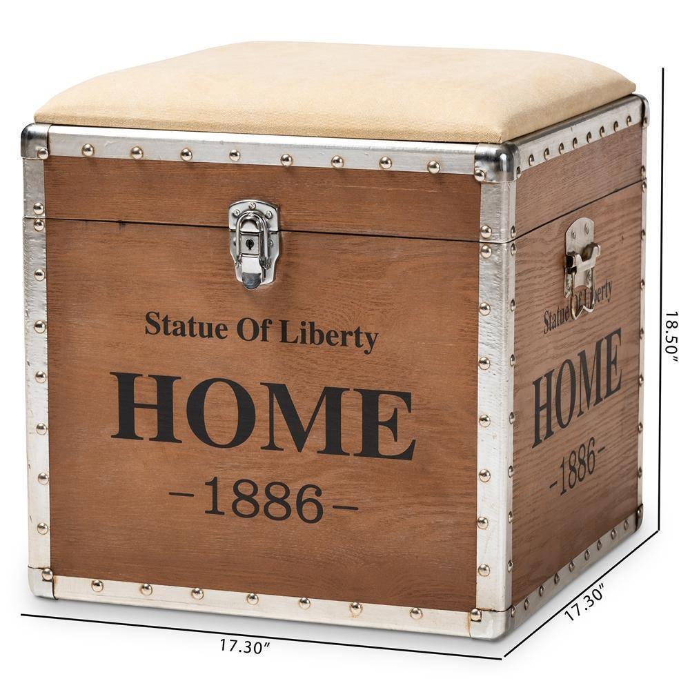 Violetta Vintage Industrial Beige Fabric Upholstered Wood Storage Trunk Ottoman FredCo