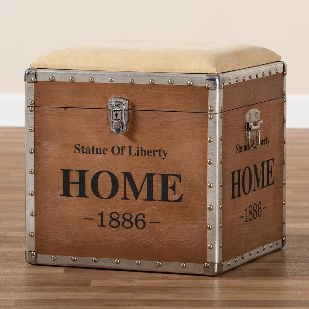 Violetta Vintage Industrial Beige Fabric Upholstered Wood Storage Trunk Ottoman FredCo