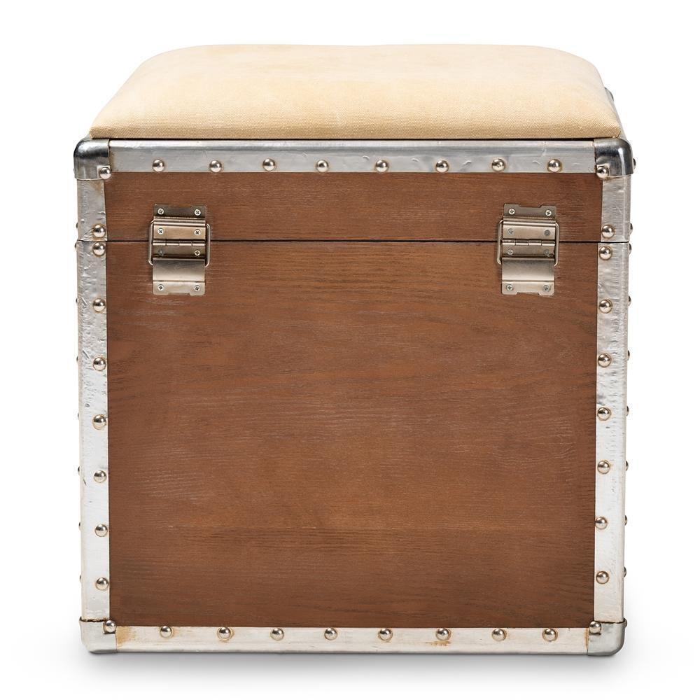 Violetta Vintage Industrial Beige Fabric Upholstered Wood Storage Trunk Ottoman FredCo