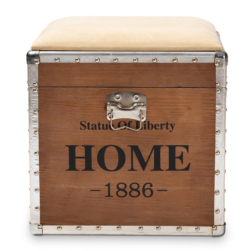 Violetta Vintage Industrial Beige Fabric Upholstered Wood Storage Trunk Ottoman FredCo