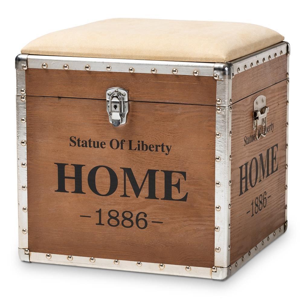 Violetta Vintage Industrial Beige Fabric Upholstered Wood Storage Trunk Ottoman FredCo