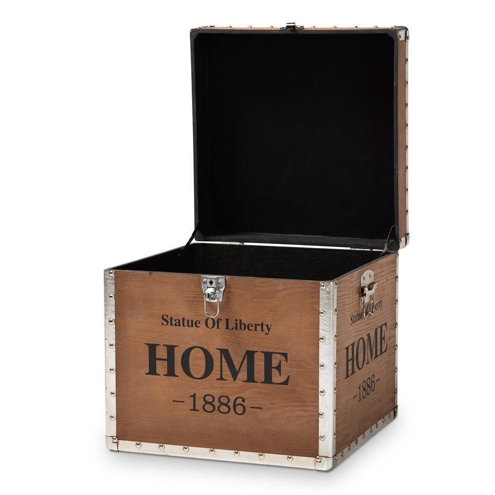 Violetta Vintage Industrial Beige Fabric Upholstered Wood Storage Trunk Ottoman FredCo