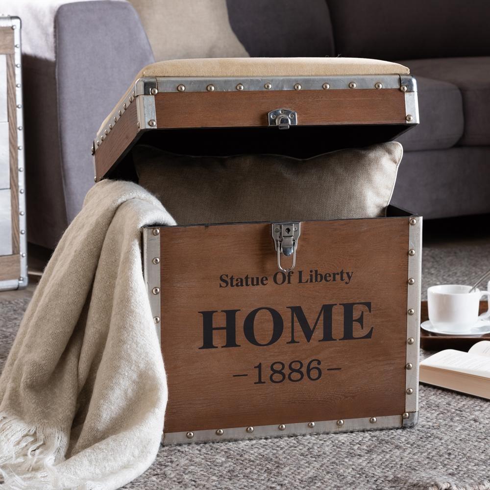 Violetta Vintage Industrial Beige Fabric Upholstered Wood Storage Trunk Ottoman FredCo