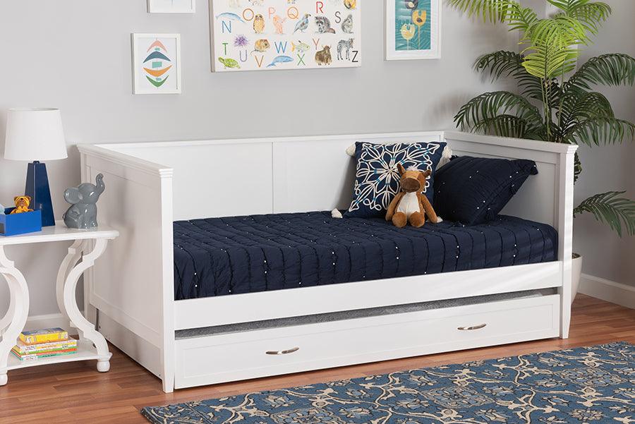 Viva Classic and Traditional White Finished Wood Full Size Daybed with Roll-Out Trundle FredCo