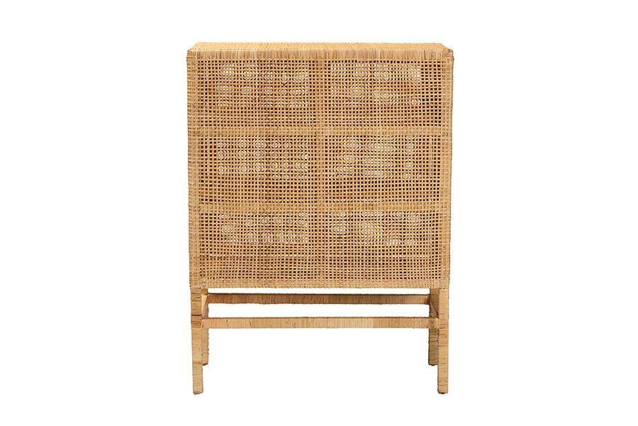 Vivan Modern Bohemian Natural Brown Rattan and Mahogany Wood 3-Shelf Storage Cabinet FredCo