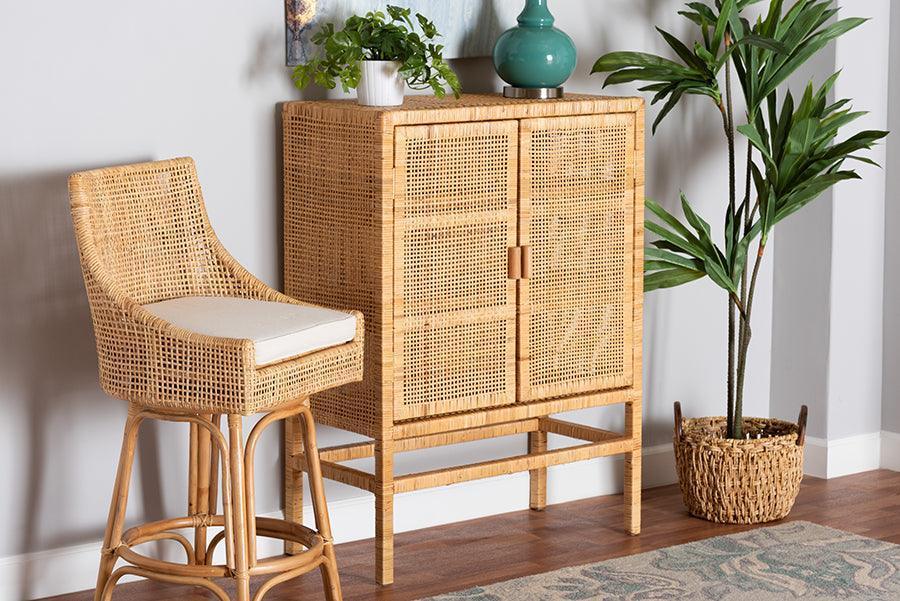Vivan Modern Bohemian Natural Brown Rattan and Mahogany Wood 3-Shelf Storage Cabinet FredCo