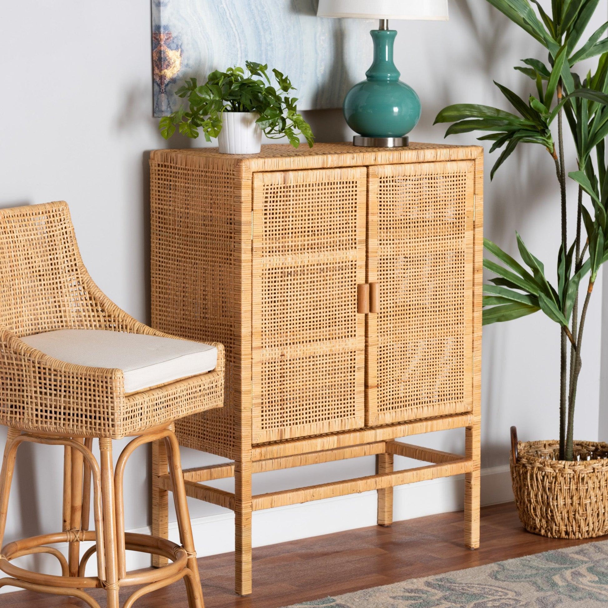 Vivan Modern Bohemian Natural Brown Rattan and Mahogany Wood 3-Shelf Storage Cabinet FredCo
