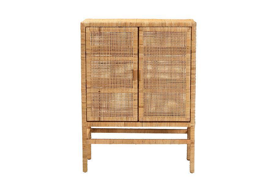 Vivan Modern Bohemian Natural Brown Rattan and Mahogany Wood 3-Shelf Storage Cabinet FredCo