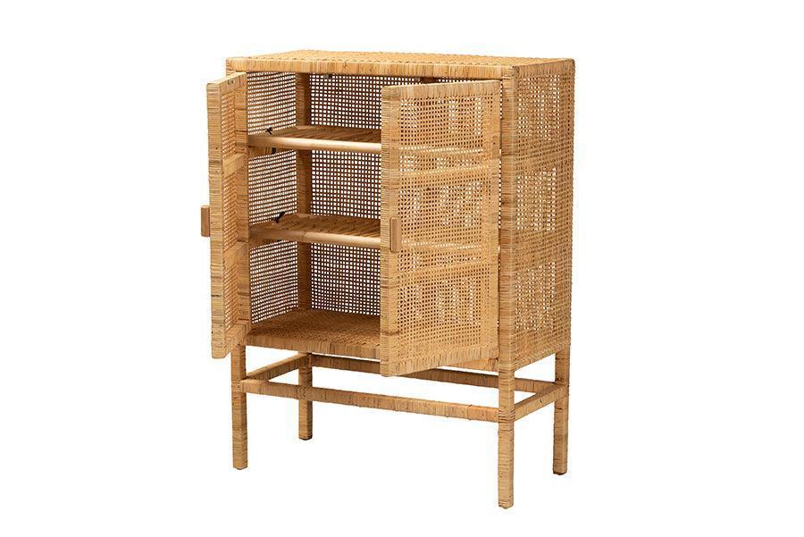 Vivan Modern Bohemian Natural Brown Rattan and Mahogany Wood 3-Shelf Storage Cabinet FredCo