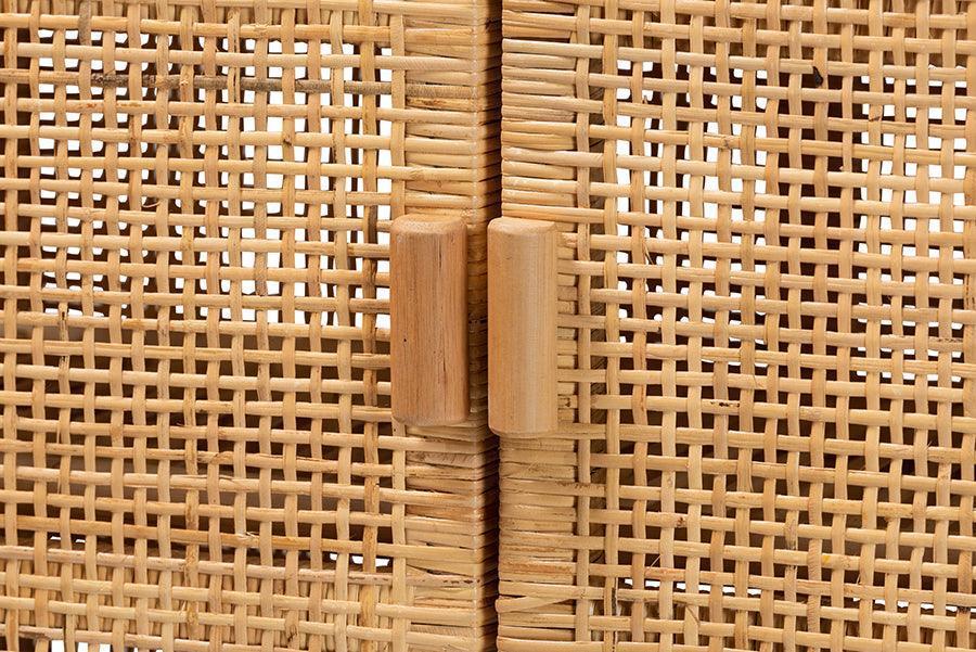 Vivan Modern Bohemian Natural Brown Rattan and Mahogany Wood 3-Shelf Storage Cabinet FredCo