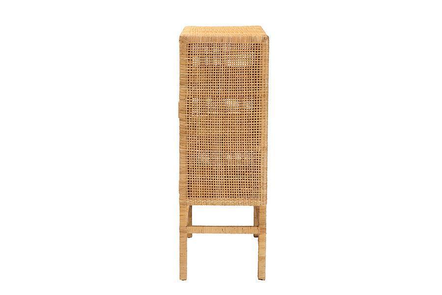 Vivan Modern Bohemian Natural Brown Rattan and Mahogany Wood 3-Shelf Storage Cabinet FredCo