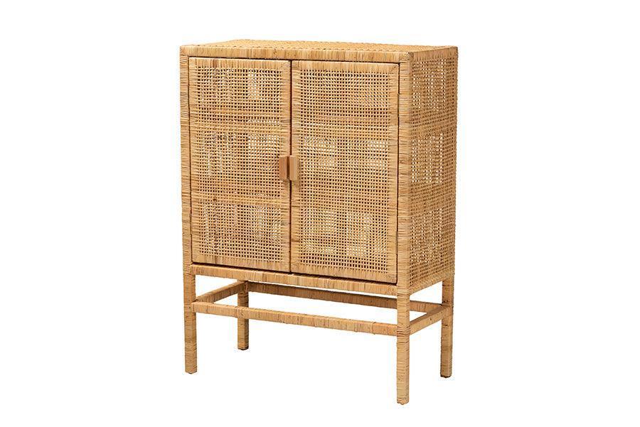 Vivan Modern Bohemian Natural Brown Rattan and Mahogany Wood 3-Shelf Storage Cabinet FredCo