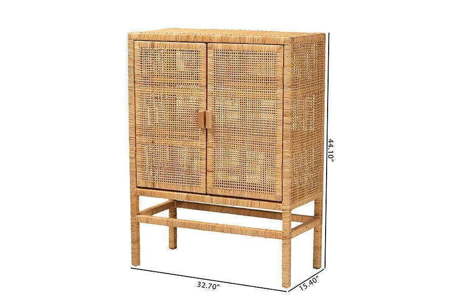 Vivan Modern Bohemian Natural Brown Rattan and Mahogany Wood 3-Shelf Storage Cabinet FredCo