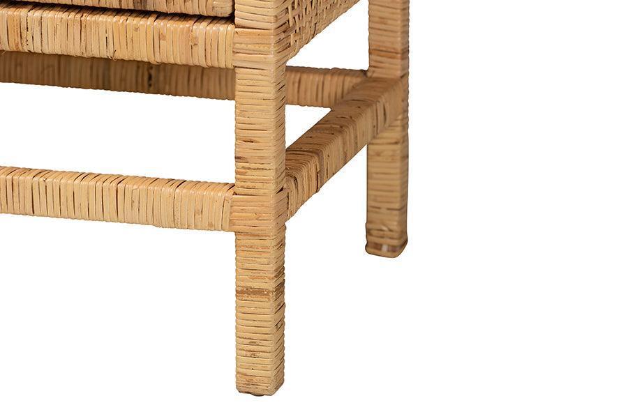 Vivan Modern Bohemian Natural Brown Rattan and Mahogany Wood Storage Cabinet FredCo