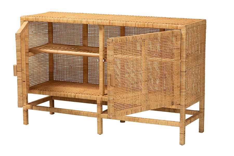 Vivan Modern Bohemian Natural Brown Rattan and Mahogany Wood Storage Cabinet FredCo