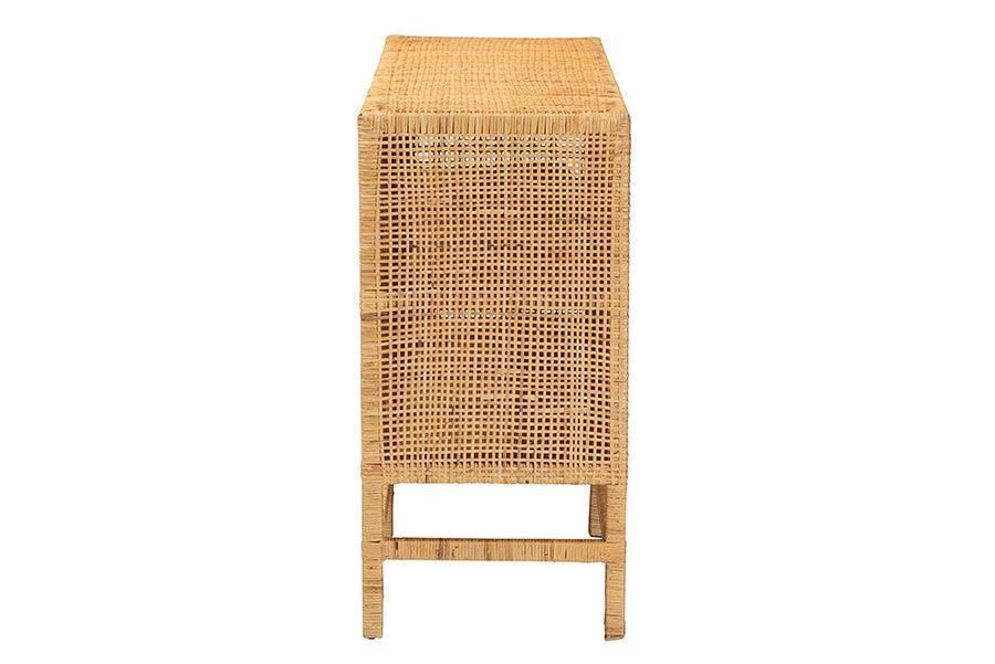 Vivan Modern Bohemian Natural Brown Rattan and Mahogany Wood Storage Cabinet FredCo