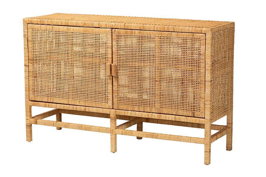 Vivan Modern Bohemian Natural Brown Rattan and Mahogany Wood Storage Cabinet FredCo