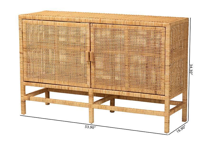 Vivan Modern Bohemian Natural Brown Rattan and Mahogany Wood Storage Cabinet FredCo