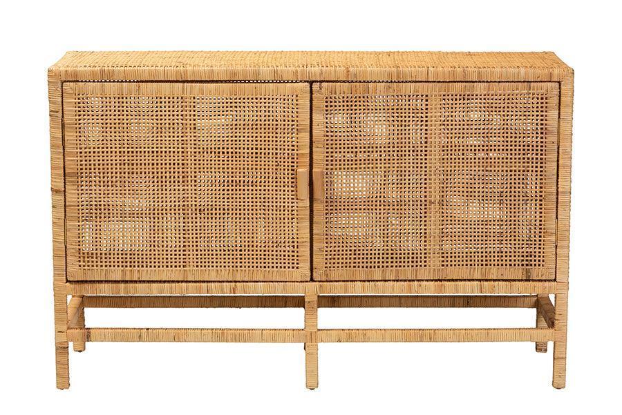Vivan Modern Bohemian Natural Brown Rattan and Mahogany Wood Storage Cabinet FredCo