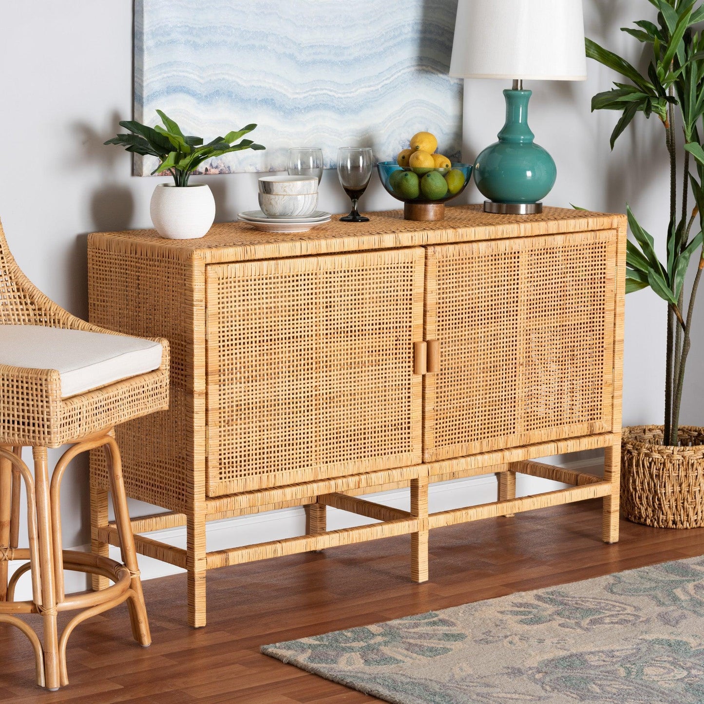 Vivan Modern Bohemian Natural Brown Rattan and Mahogany Wood Storage Cabinet FredCo