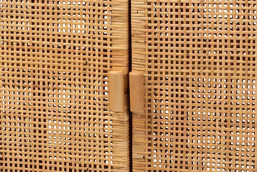 Vivan Modern Bohemian Natural Brown Rattan and Mahogany Wood Storage Cabinet FredCo