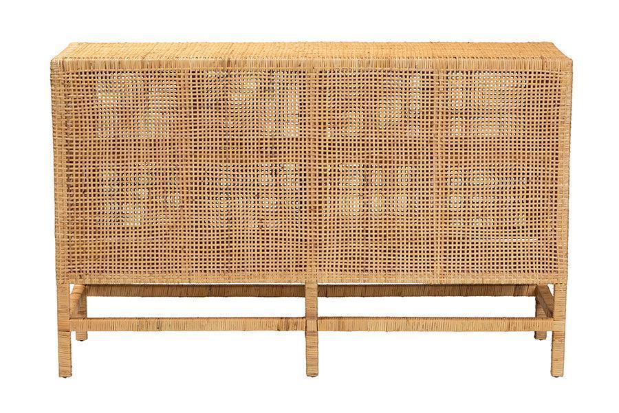 Vivan Modern Bohemian Natural Brown Rattan and Mahogany Wood Storage Cabinet FredCo