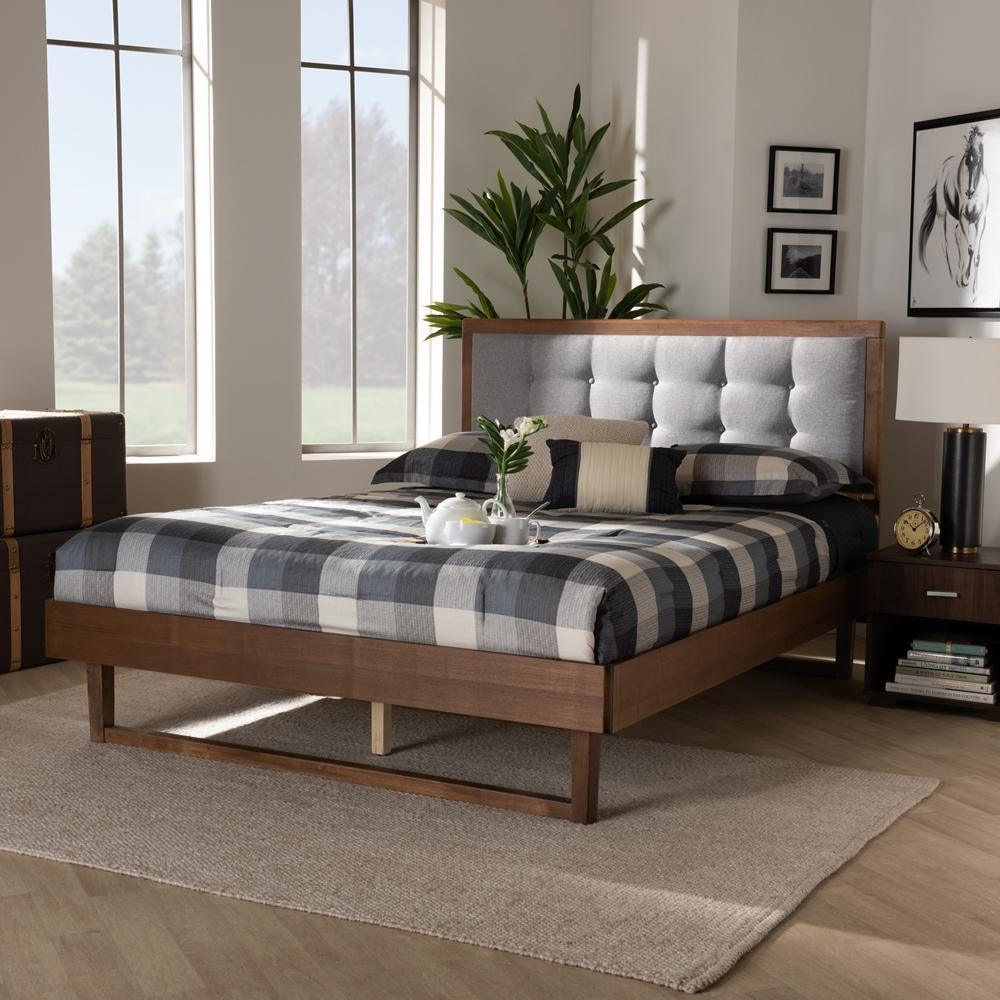 Viviana Modern and Contemporary Light Grey Fabric Upholstered and Ash Walnut Finished Wood Full Size Platform Bed FredCo