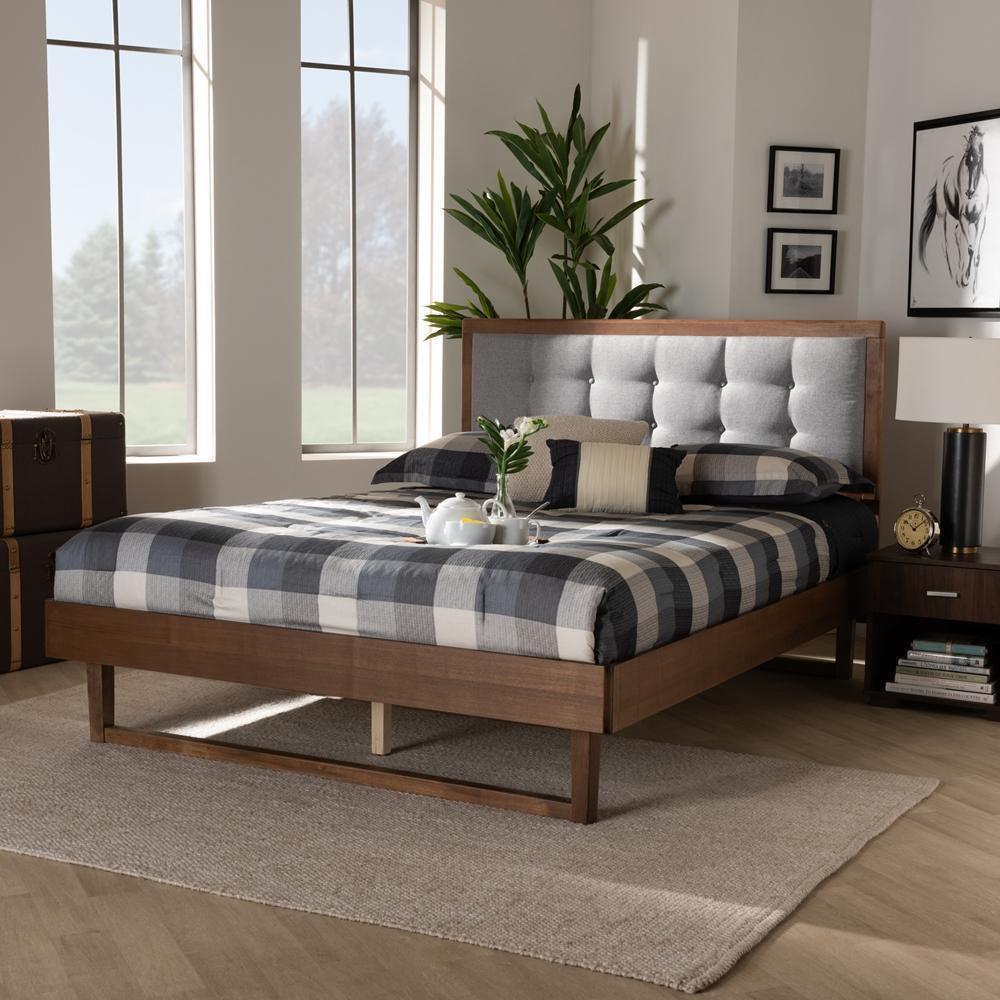 Viviana Modern and Contemporary Light Grey Fabric Upholstered and Ash Walnut Finished Wood King Size Platform Bed FredCo
