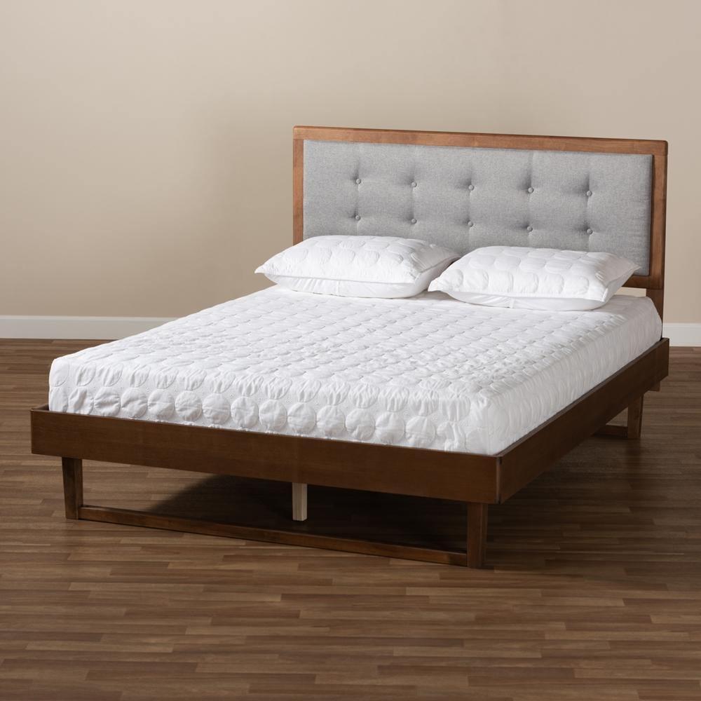 Viviana Modern and Contemporary Light Grey Fabric Upholstered and Ash Walnut Finished Wood Queen Size Platform Bed FredCo