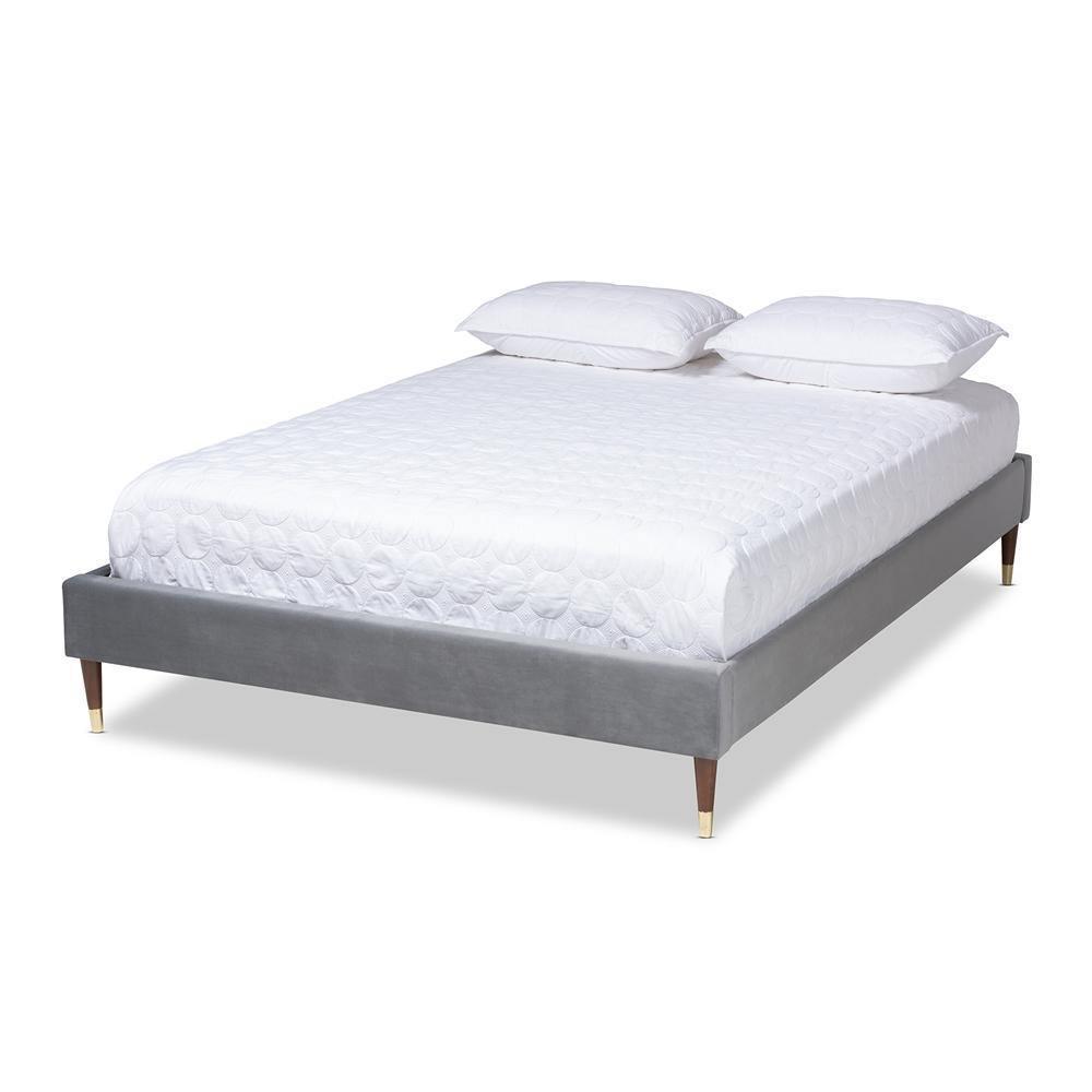 Volden Glam and Luxe Charcoal Velvet Fabric Upholstered Full Size Wood Platform Bed Frame with Gold-Tone Leg Tips FredCo
