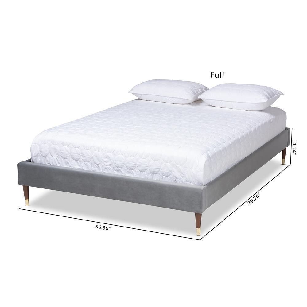 Volden Glam and Luxe Charcoal Velvet Fabric Upholstered Full Size Wood Platform Bed Frame with Gold-Tone Leg Tips FredCo
