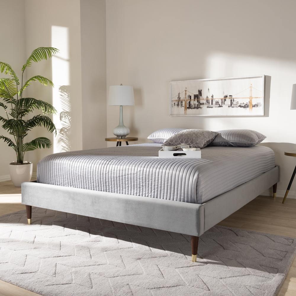 Volden Glam and Luxe Charcoal Velvet Fabric Upholstered King Size Wood Platform Bed Frame with Gold-Tone Leg Tips FredCo