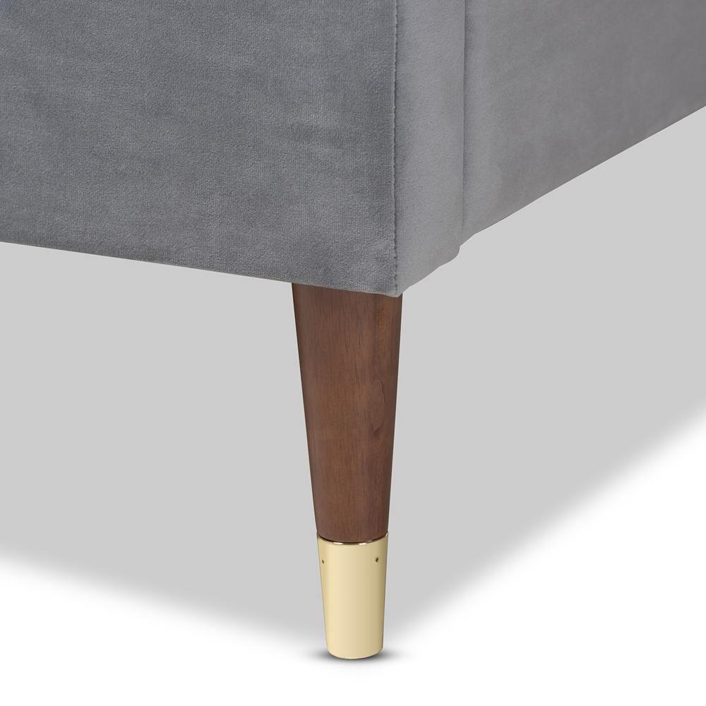Volden Glam and Luxe Charcoal Velvet Fabric Upholstered King Size Wood Platform Bed Frame with Gold-Tone Leg Tips FredCo