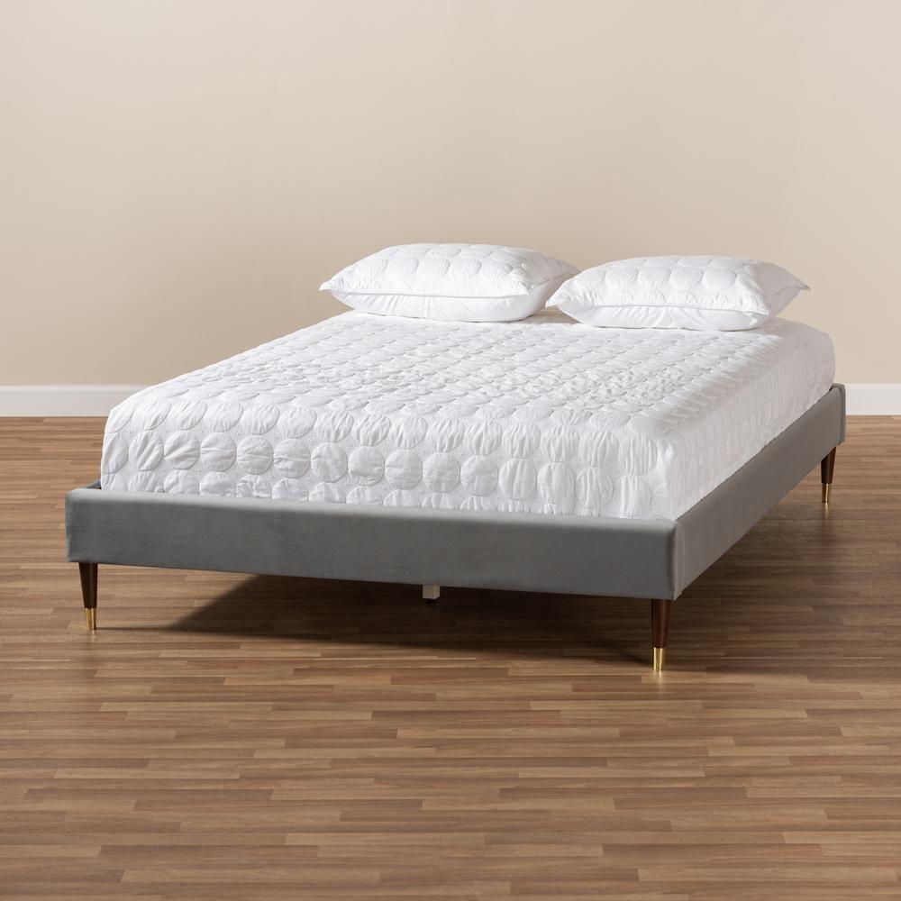 Volden Glam and Luxe Charcoal Velvet Fabric Upholstered King Size Wood Platform Bed Frame with Gold-Tone Leg Tips FredCo