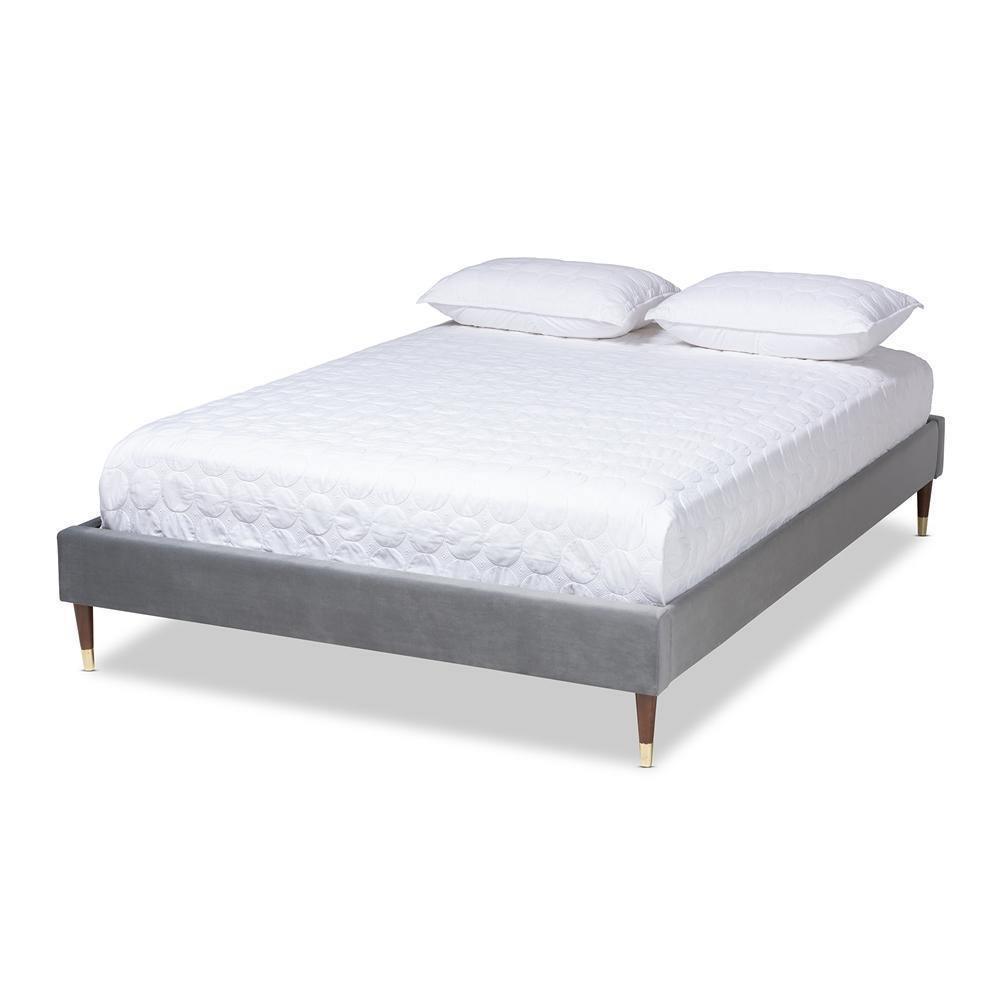 Volden Glam and Luxe Charcoal Velvet Fabric Upholstered King Size Wood Platform Bed Frame with Gold-Tone Leg Tips FredCo