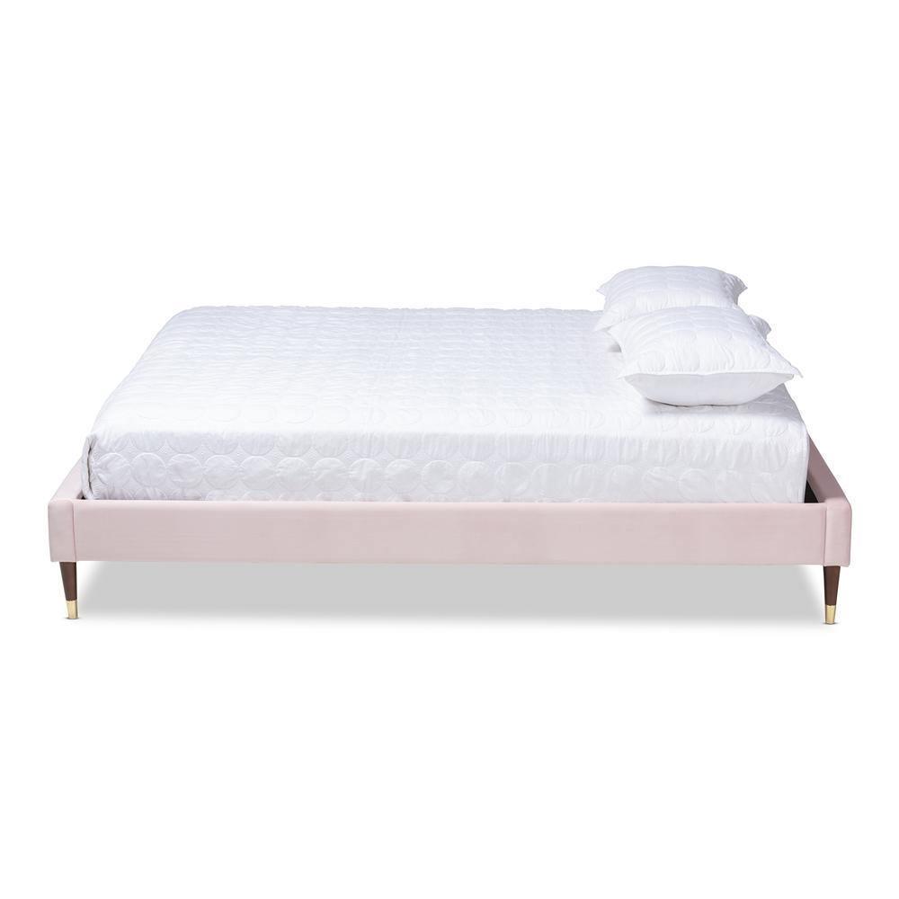 Volden Glam and Luxe Light Pink Velvet Fabric Upholstered Full Size Wood Platform Bed Frame with Gold-Tone Leg Tips FredCo