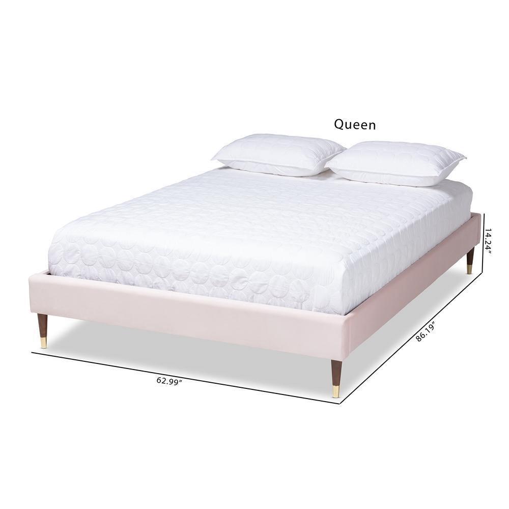 Volden Glam and Luxe Light Pink Velvet Fabric Upholstered King Size Wood Platform Bed Frame with Gold-Tone Leg Tips FredCo